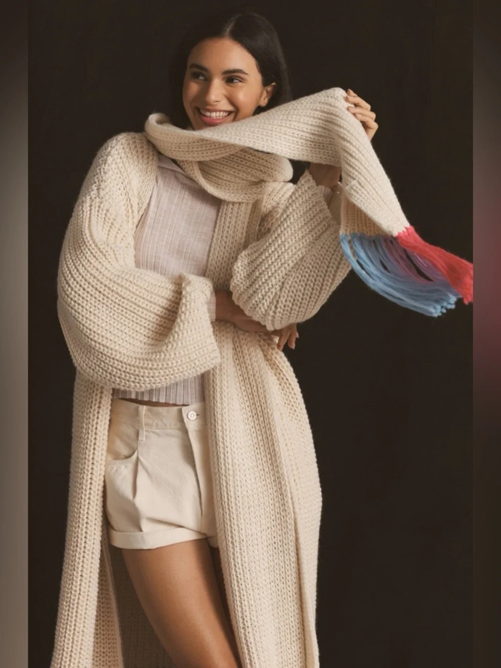 By Anthropologie Long Cardigan + Scarf Set Ivory Rainbow Fringe One Size